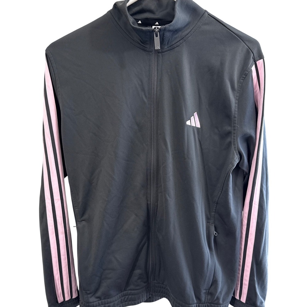 Adidas Womens Track Jacket Gray Pink 3-Stripe Full Zip Mock Neck Large RN88387
